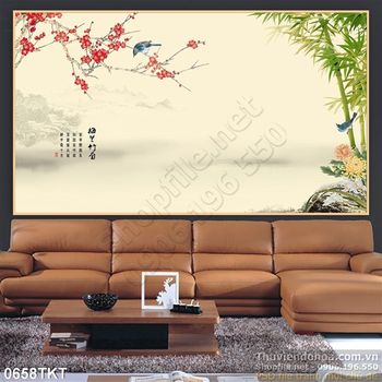 Tranh thư pháp cây tre và hoa đào