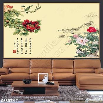 Tranh thư pháp hoa mẫu đơn phong thủy