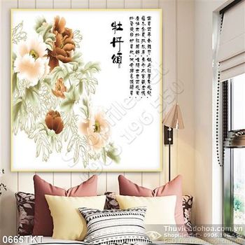 Tranh thư pháp hoa mẫu đơn trang trí