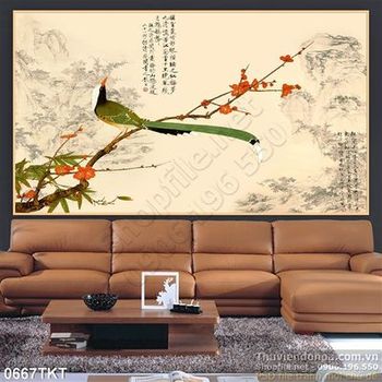 Tranh thư pháp chim công và hoa