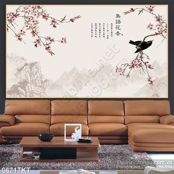 Tranh thư pháp hoa đào và chim yến