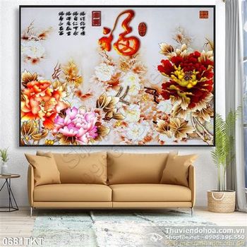 Tranh kim tiền thư pháp hoa mẫu đơn