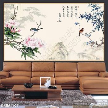 Tranh thư pháp hoa đào nghệ thuật và cây trúc