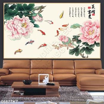 Tranh thư pháp hoa mẫu đơn và cá chép