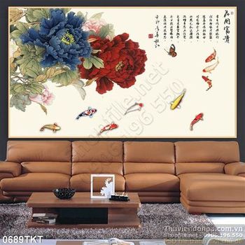 Tranh thư pháp hoa mẫu đơn và cá chép