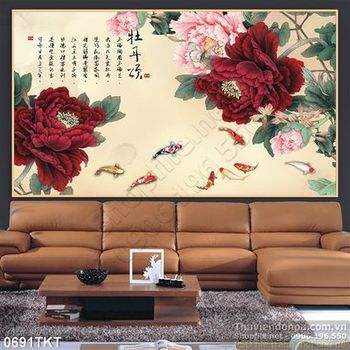 Tranh thư pháp hoa mẫu đơn và cá chép