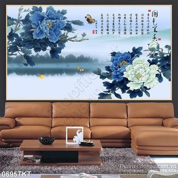 Tranh thư pháp hoa mẫu đơn xanh