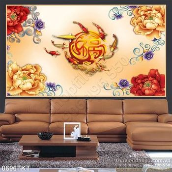 Tranh kim tiền cá Koi và mẫu đơn