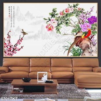 Tranh thư pháp hoa đào và chim yến