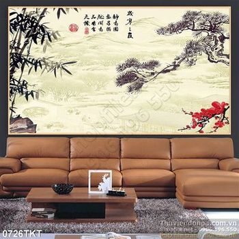 Tranh thư pháp cây trúc và hoa đào