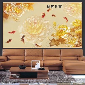 Tranh kim tiền hoa mẫu đơn và cá chép