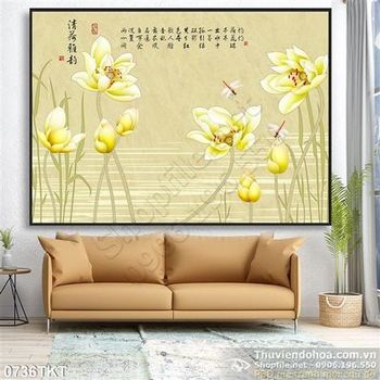 Tranh kim tiền hoa sen thư pháp