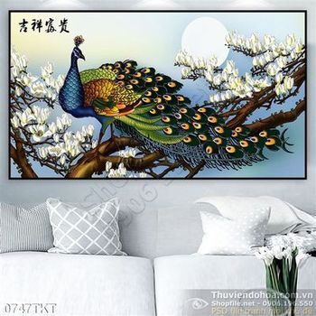 Tranh kim tiền chim công và hoa