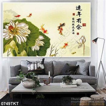 Tranh kim tiền hoa sen và cá chép