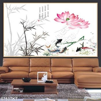 Tranh thư pháp hoa sen và cây trúc