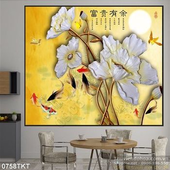 Tranh kim tiền cá Koi và hoa sen vàng