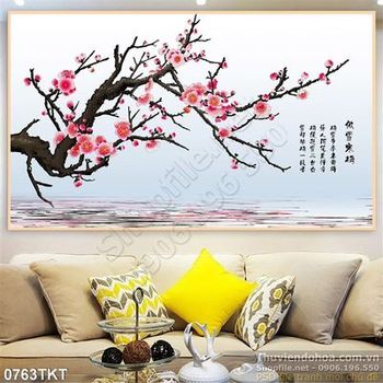 Tranh thư pháp hoa đào mùa xuân