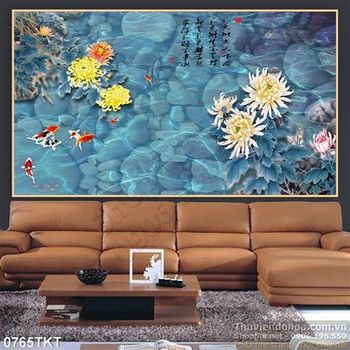 Tranh thư pháp hoa cúc và cá chép