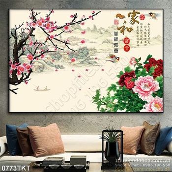 Tranh thư pháp hoa mẫu đơn và hoa đào