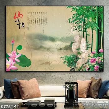 Tranh thư pháp cây tre và hoa sen