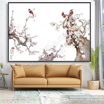 Tranh thư pháp hoa đào và chim én