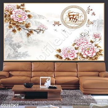 Tranh thư pháp hoa mẫu đơn trang trí