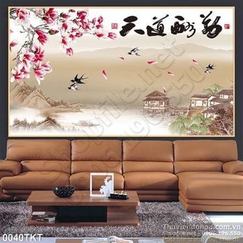 Tranh thư pháp phong thủy hoa đào