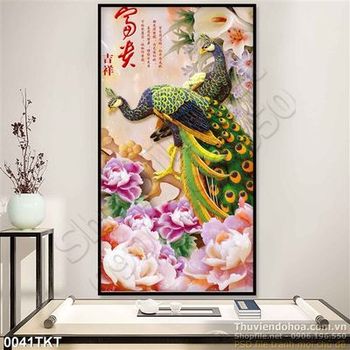 Tranh thư pháp chim công và hoa