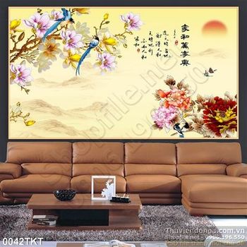 Tranh kim tiền thư pháp hoa mẫu đơn