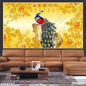 Tranh kim tiền thư pháp chim công