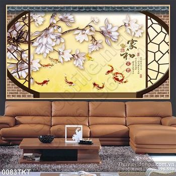 Tranh thư pháp cá chép và hoa Đại