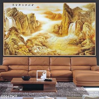 Tranh kim tiền thư pháp sơn thủy