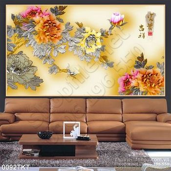 Tranh kim tiền hoa mẫu đơn thư pháp