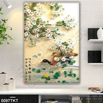 Tranh thư pháp hoa đào và thiên nga