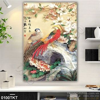 Tranh thư pháp chim công và hoa