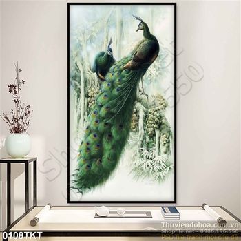 Tranh thư pháp chim công nghệ thuật