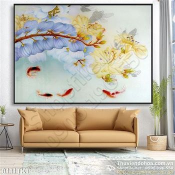 Tranh thư pháp cá chép và hoa
