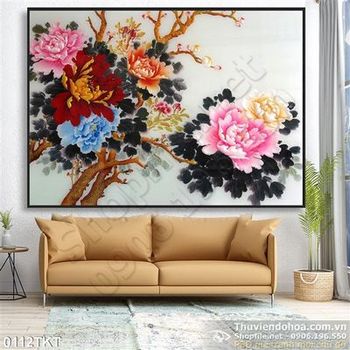 Tranh thư pháp hoa mẫu đơn trang trí