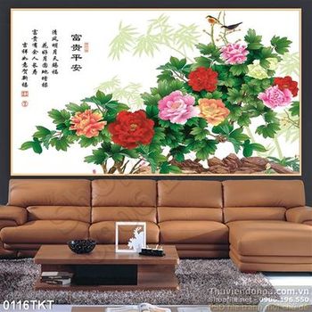 Tranh thư pháp hoa mẫu đơn trang trí