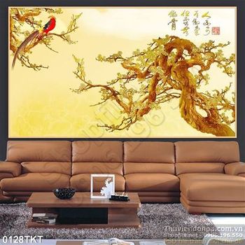 Tranh kim tiền hoa mai thư pháp