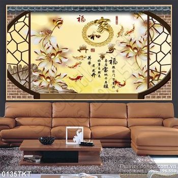 Tranh kim tiền thư pháp hoa sen và cá