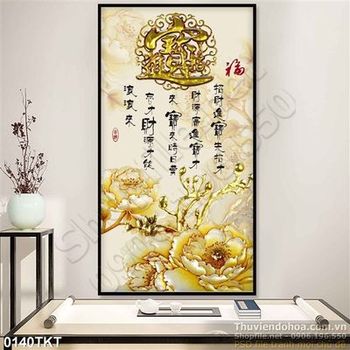 Tranh kim tiền thư pháp hoa mẫu đơn