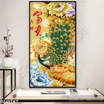 Tranh kim tiền thư pháp chim công