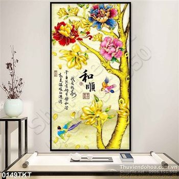 Tranh kim tiền hoa mẫu đơn thư pháp