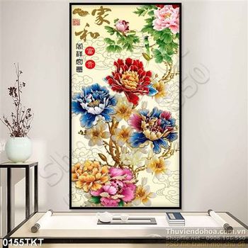 Tranh kim tiền thư pháp hoa mẫu đơn