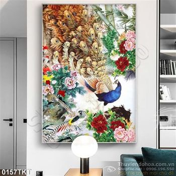 Tranh kim tiền chim công và mẫu đơn