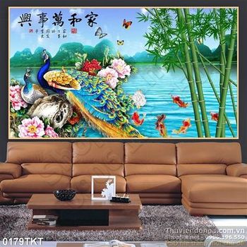 Tranh thư pháp chim công và hoa mẫu đơn