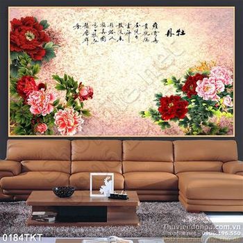 Tranh thư pháp hoa mẫu đơn treo tường