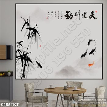 Tranh thư pháp cá chép và tre