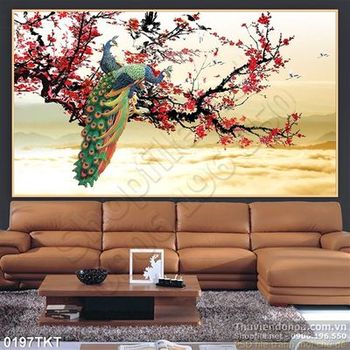 Tranh thư pháp chim công và hoa đào